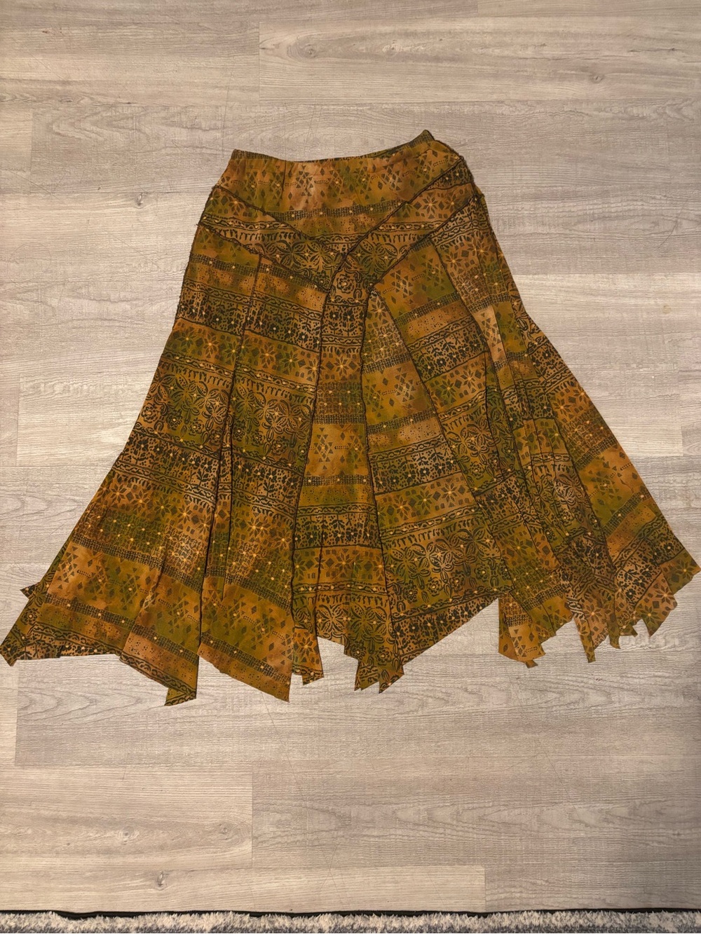 Womens L Skirt  Brown Green Boho 90’s Geometric A-Line Long Flared Hippie Lagen